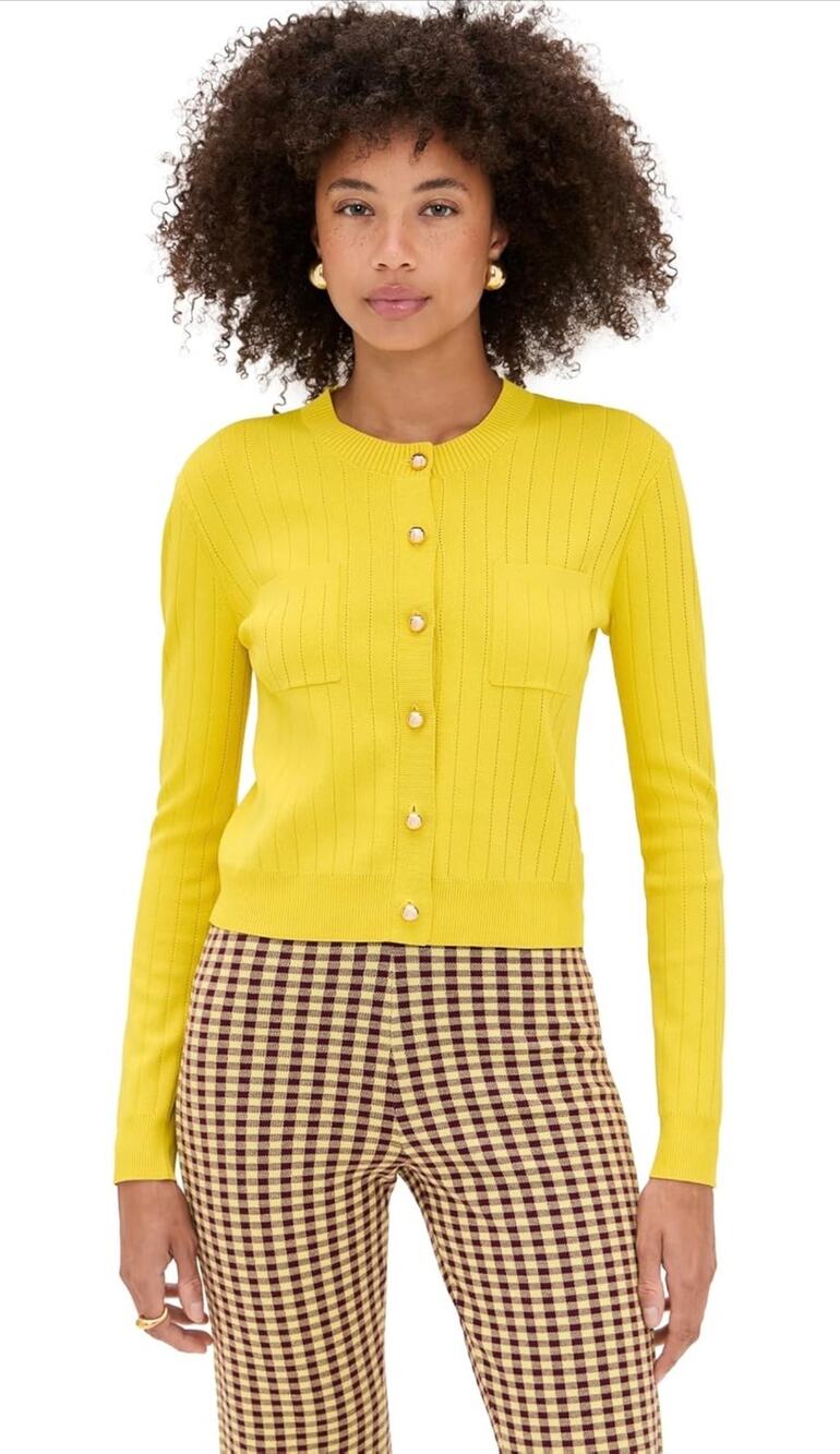 Le Bop Citron Yellow Lightweight Cardigan Sz M Button Up Crew Neck Double Pocket